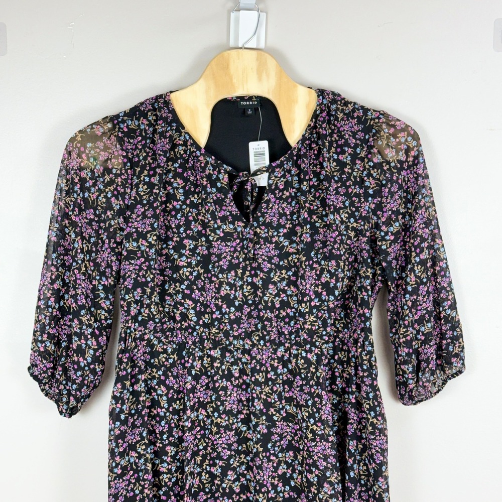 Torrid Chiffon Midi Dress Women 2 Black Floral NWT Cottagecore Boho Feminine - Picture 2 of 9